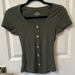 Olive Green Hollister Short Sleeve Fitted Top With Buttons